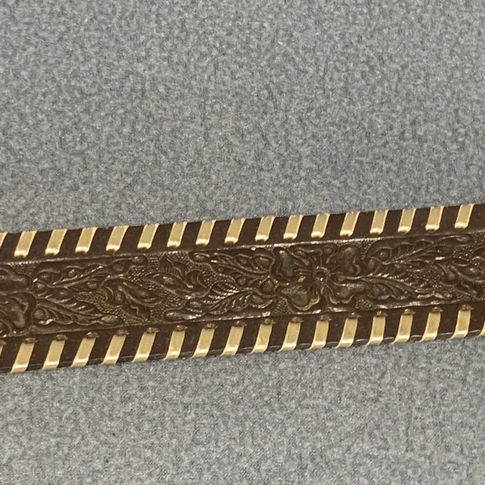 Vintage Brown Leather Floral Embossed Belt Tooled Gold Trim Name Size 34 M Women